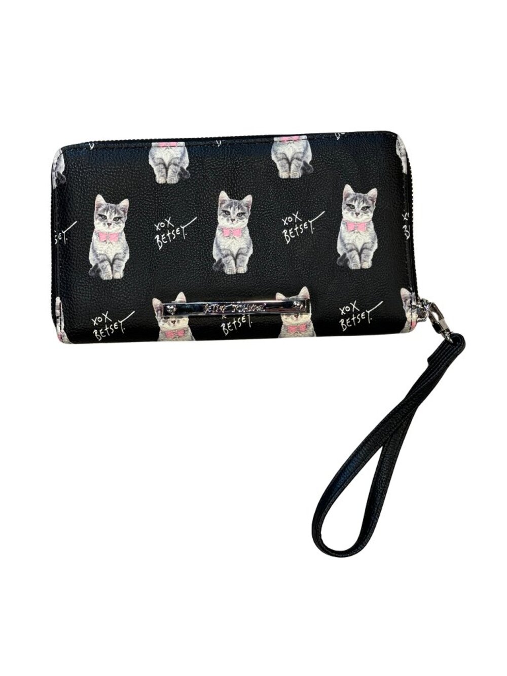 Betsey Johnson XOX Gray Cat Zip Around Wristlet Wallet Black Pink